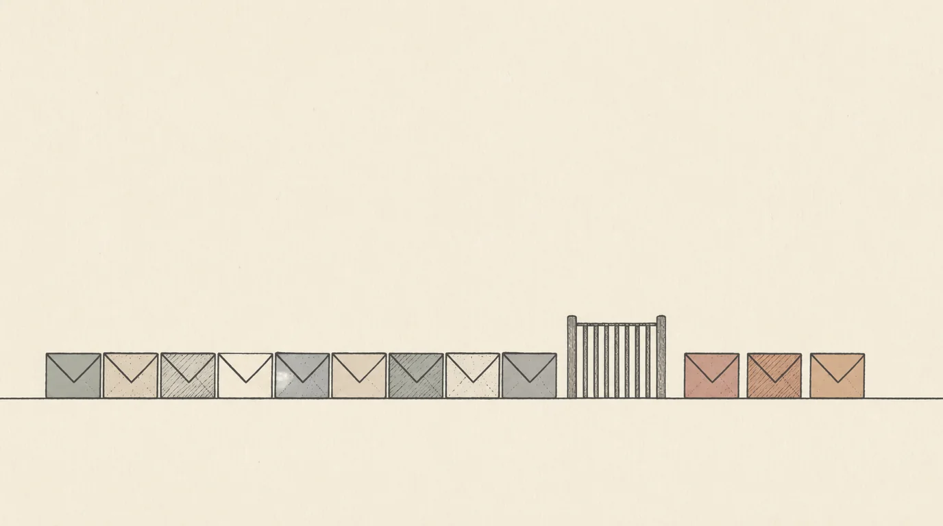 Pen-and-ink illustration: a long row of sage and stone envelopes on a horizon line, a small slatted gate, and three terracotta envelopes on the far side