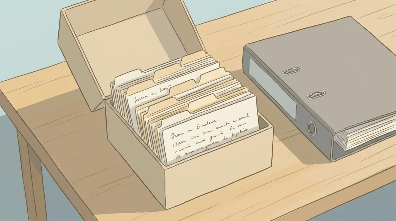 An open card index of handwritten reference cards beside a ring binder on a desk, illustrating a project documentation set handed over to a client
