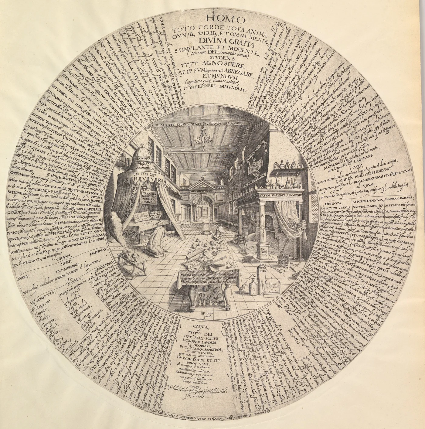 Circular engraving of an alchemist's laboratory: a man kneels in prayer at a tented oratory on the left, a furnace and shelves of flasks stand on the right, and a table of musical instruments sits between them, ringed by Latin text