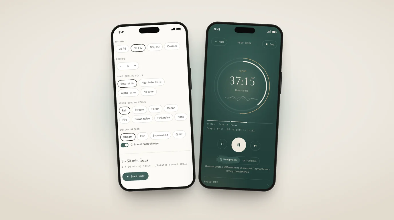 Two phones showing Deep Hours: the focus timer with choices for the tone, the sound under it and the sound during breaks, and the dark teal player partway through a Deep work session at beta 16 Hz.