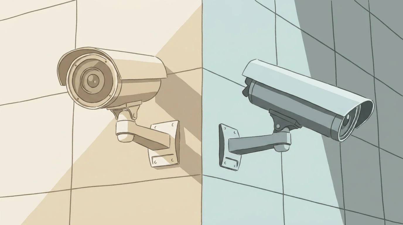 Stylised illustration of two CCTV cameras on opposing walls, one in warm orange tones, the other in cool teal, facing each other across a divided composition.