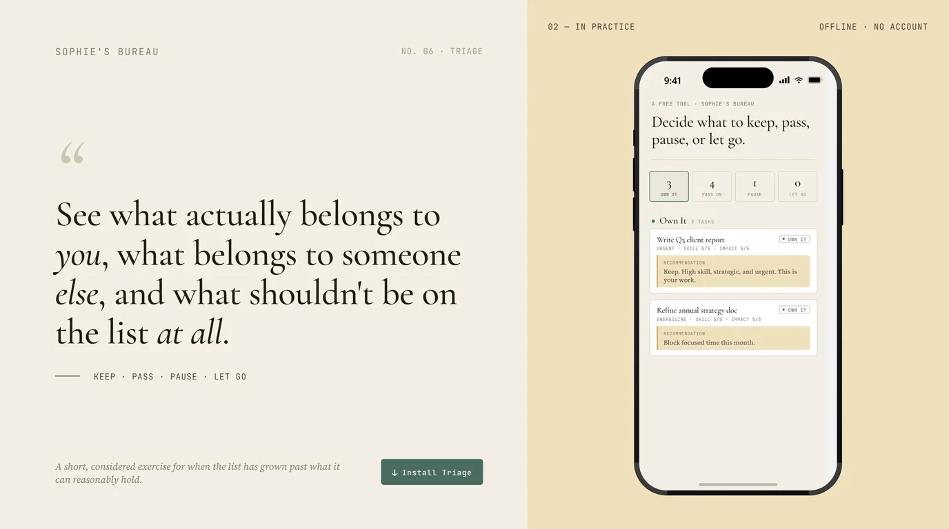Triage running on a phone, with the install button visible alongside a quote about deciding what belongs on the list