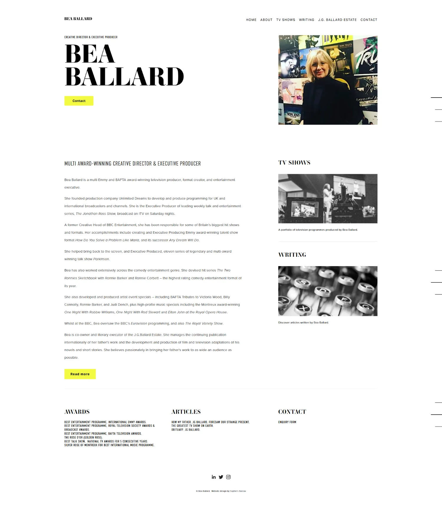 Full homepage scroll — TV shows, writing, awards, contact