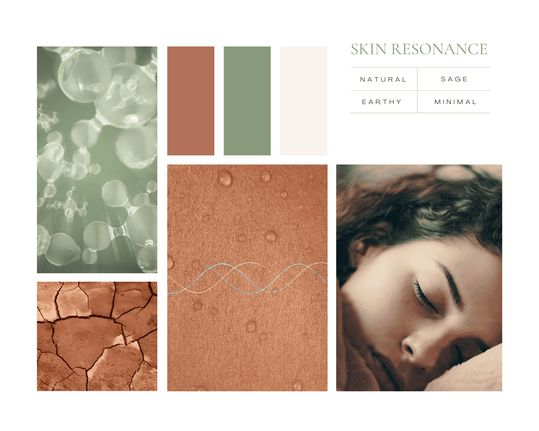 Skin Resonance moodboard — clay, sage, cream palette with natural textures