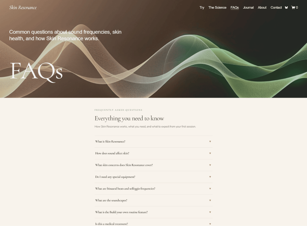 FAQs — calm accordion, sage hero gradient