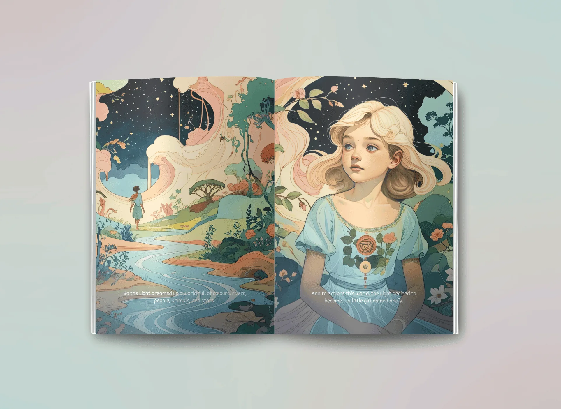 A spread showing two more of the coloured steps as Art Nouveau mandalas