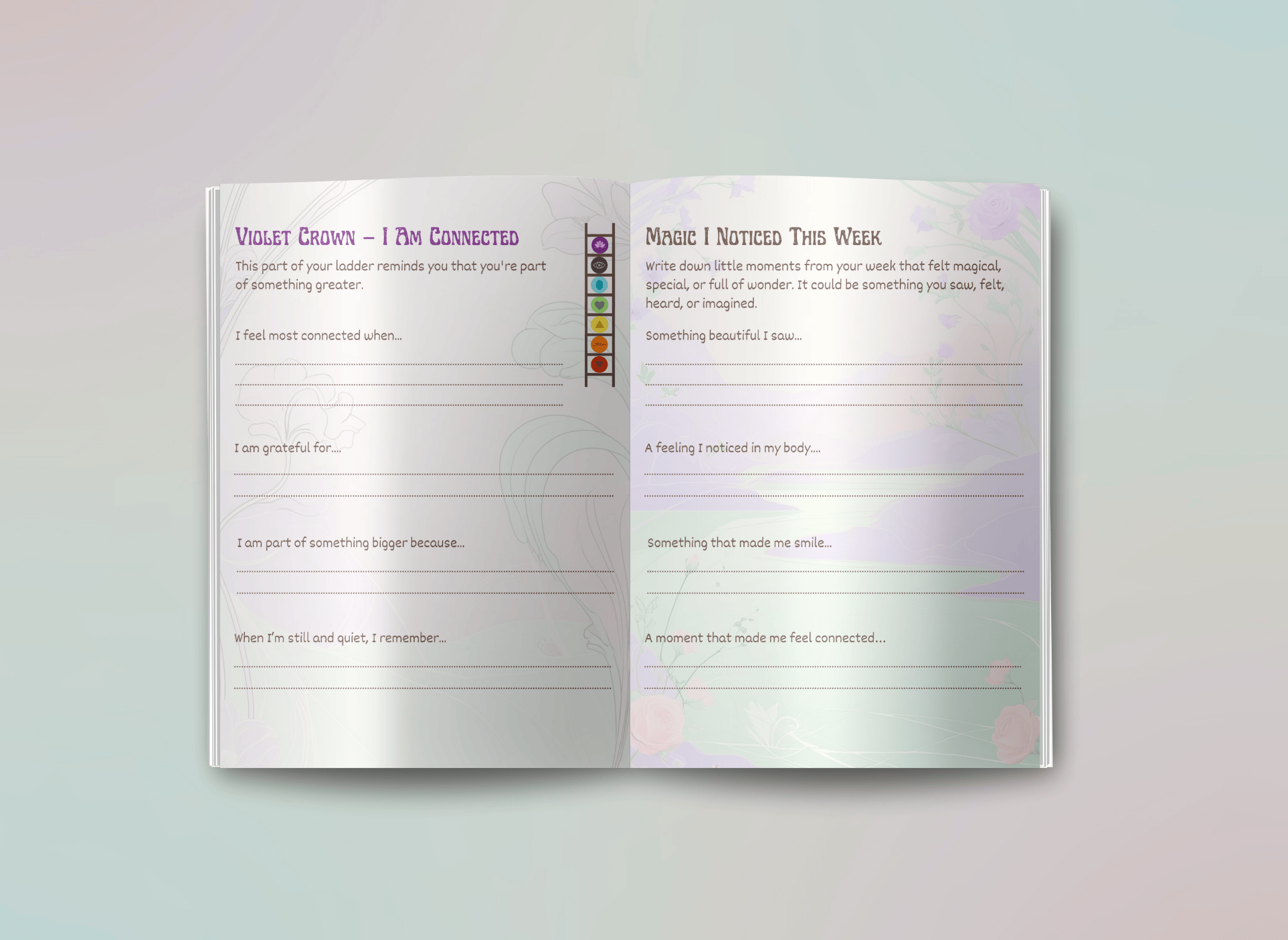 A journalling spread: the violet crown prompts on the left, a weekly noticing page on the right