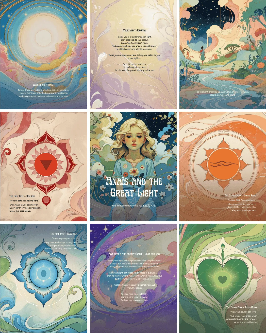 Nine pages from the book arranged in a grid: the cover in the centre, the coloured steps around it